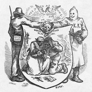 1874년 Harper's Weekly에 게재된 "The Union As It Was"라는 이미지는 잃어버린 대의를 상징적으로 보여준다. 방패 문양에는 교수형 당한 시신과 불타는 학교 잔해 사이에 흑인 가족이 있으며, "노예 제도보다 더 나쁘다"라는 문구가 적혀 있다. 백인 연맹 회원과 KKK 회원이 악수하며 잃어버린 대의에 동의하고 있다.