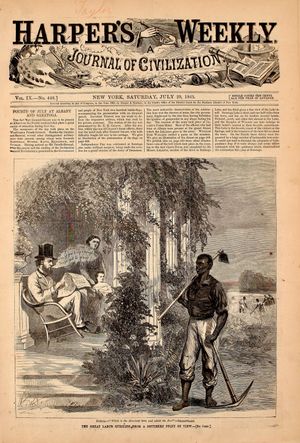 1865년 7월 29일자 Harper's Weekly 표지; 농장주 말풍선의 글은 "얘야, 우리는 너무 오랫동안 너를 위해 일하고 돌보았다. 이제 네가 일해야 해!"이다.