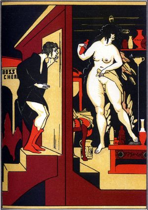 루키우스가 밀로의 아내가 독수리로 변하는 것을 목격하는 장면. 장 드 보슈셰르(Jean de Bosschère)의 삽화