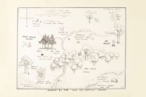밀른의 책 서두와 1966년 첫 번째 디즈니 애니메이션의 오프닝 애니메이션에도 등장하는 셰퍼드의 1926년 백 에이커 숲(Hundred Acre Wood) 지도. 런던 소더비(Sotheby's)에서 판매되어 도서 삽화의 최고가를 기록했다.