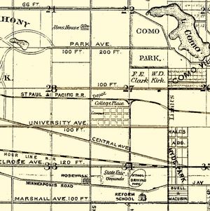 1874년 지도 중앙에 "College Place"라고 표기된, 신축 중인 세인트폴 햄린 대학교 캠퍼스