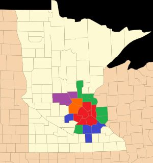 2018년 기준 미니애폴리스-세인트폴, MN-WI 통합 통계 지역 21개 카운티 지도.