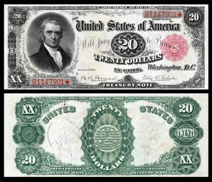 1890년 20달러짜리 국고 지폐에 등장하는 마셜, 미국 지폐에 등장하는 53명 중 한 명입니다.