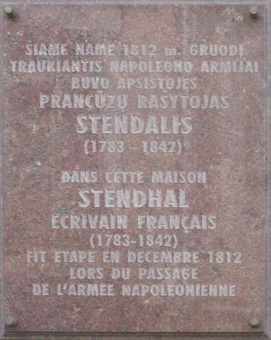 1812년 12월, 나폴레옹의 러시아 퇴각 당시 빌뉴스에 머물렀던 스탕달이 머물렀던 집에 있는 명판.