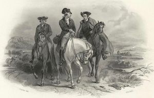 19세기 판화. 중앙에 워싱턴, 오른쪽에 헨리, 왼쪽에 펜들턴이 제1차 대륙 회의에 참석하기 위해 필라델피아로 향하는 모습