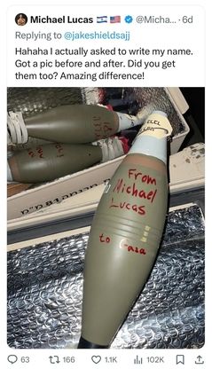 루커스가 X(옛 트위터)에 게시한, "마이클 루커스가 가자 지구에" 문구가 적힌 이스라엘 폭탄 사진