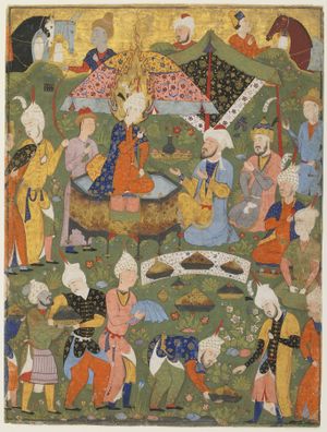 요셉의 즉위. "징조의 책"(팔나마) 사파비 왕조의 삽화. 1550년. 프리어 미술관. 이 그림은 반대쪽 페이지(일반적으로 왼쪽)에 있는 이 이미지의 의미에 대한 예측 설명과 함께 배치되었을 것이다. 독자는 책의 임의의 위치를 ​​펼쳐 이미지를 본 후 텍스트를 이해했을 것이다.