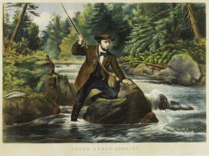 19세기에 낚시는 인기 있는 레크리에이션 활동이 되었다. 커리어 앤드 아이브스(Currier and Ives)의 판화.