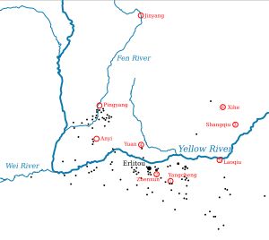 얼리터우 유적(검은색)과 전통적인 기록에서 확인된 하의 수도(빨간색)