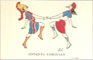 1904년에 제작된 프랑스 엽서로, 브리타니아와 마리안이 함께 춤을 추며 영국-프랑스 협상을 상징한다.