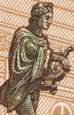 러시아 100루블 지폐의 이미지(확대). 모스크바 볼쇼이극장 상단에 묘사된 그리스 신 아폴론의 조각상을 보여준다.