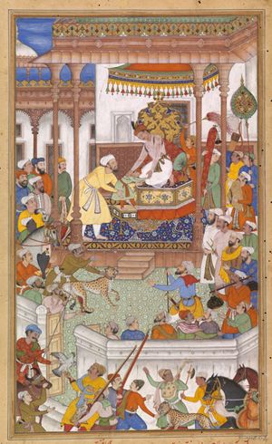 바이람 칸의 아들인 젊은 압둘 라힘 칸-이-카나가 악바르에게 인사하는 모습