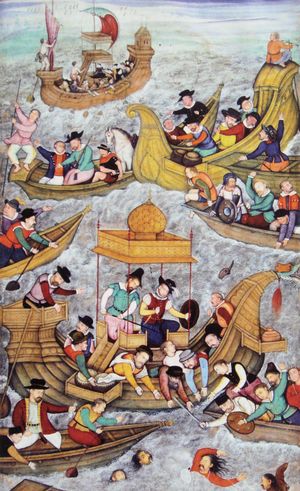 바하두르 샤는 오스만 제국의 동맹으로 디우 포위전에서 사망했다. 그는 1537년 포르투갈 제국과의 전투에서 사망했다; (16세기 말 악바르나마의 삽화).