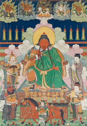 건륭제 시대(1736~1795)의 탕카로 관우를 산가라마 보살로 묘사하고 있다.