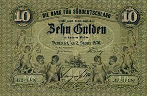 1870년 남독일 은행(Bank für Süddeutschland)의 10길더 지폐