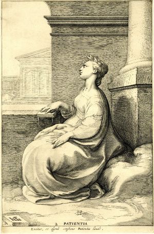 헨드릭 골치우스(Hendrick Goltzius)의 작품을 바탕으로 한 얀 사엔레담(Jan Saenredam)의 세 가지 미덕. 이 그림은 두 번째 판으로, 인내(Patientia)라는 제목이 붙어 있다.