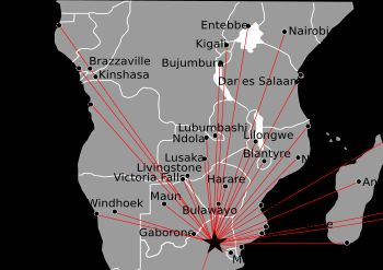 O. R. 탐보 국제공항의 남부 아프리카 지역 국제선 노선도
