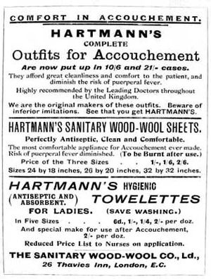 하트만(Hartmann) 생리대 광고 포스터(약 1900년). "Accouchement"는 출산을, "puerperal fever"는 산후 감염을 의미한다.