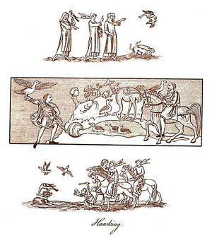 조셉 스트럿의 1801년 책 「잉글랜드 사람들의 스포츠와 오락」에 재인쇄된 영국 매사냥을 묘사한 세 개의 패널