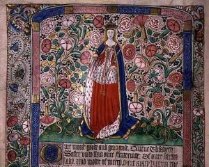 엘리자베스가 에드워드 4세와의 결합을 상징하는 분홍색과 흰색 장미로 둘러싸인 대관식 당시 모습.