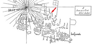 코사 지도의 대앤틸리스 제도 지역. 빨간색 화살표는 과나하니 섬을 가리킨다.