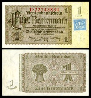 최초의 동독 마르크 지폐(1948년)는 검증 쿠폰 스탬프가 부착된 1937년 렌텐마르크였다.
