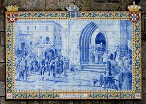 호르헤 콜라소(Jorge Colaço)가 1940년에 제작한 유약 타일 패널. 1640년 포르투갈 주앙 4세의 즉위 선포 장면을 묘사하고 있다. 포르투갈 폰테 데 리마(Ponte de Lima).