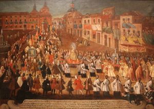 1741년경 마드리드 세바다 광장에서 열린 가톨릭 성모 마리아 행렬