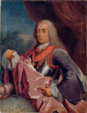 은색 갑옷 흉갑과 자주색 벨벳 정장, 가루가 묻은 가발을 쓴 젊은 남자의 반신상을 보여주는 그림