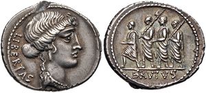 브루투스가 기원전 54년에 주조한 데나리우스. 자유의 여신 리베르타스와 리크토르들을 거느린 루키우스 유니우스 브루투스가 묘사되어 있다.