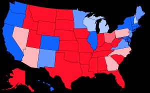 2024년 미국 대통령 선거 결과를 기반으로 한 당파적 성향에 따른 주 지도(전국 득표율 차이를 고려하여 가중치 부여)(공화당 후보 도널드 트럼프가 민주당 후보 카멀라 해리스보다 1.5% 앞섬)범례(색이 진할수록 차이가 큼):파란색 계열: 해리스 지지빨간색 계열: 트럼프 지지