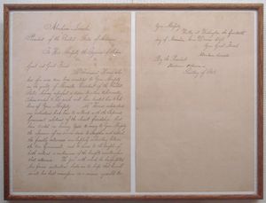 1861년 11월 14일, 에이브러햄 링컨이 타운젠드 해리스의 출발을 알리며 막부 장군 도쿠가와 이에모치에게 보낸 편지.