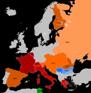 1866년부터 1914년까지의 계약국(빨간색)과 관련국(다른 색상) 개요