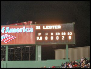 2008년 5월 19일 존 레스터의 노히터 경기 후 펜웨이 파크 내부의 기록표