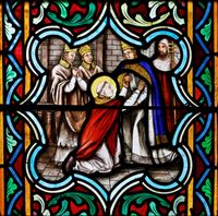 서임권 투쟁 당시 윌리엄 2세에 의해 잉글랜드에서 추방당한 안셀모를 맞이하는 우르바노 2세를 묘사한 19세기 스테인드글라스