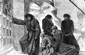 1882년 신성 로마 제국 하인리히 4세가 서임권 투쟁 중 카노사의 성 문 앞에 있는 모습을 묘사한 그림