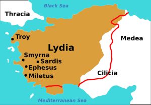 리디아 제국의 사르디스와 다른 도시들을 보여주는 지도. 음영은 크로이소스 왕 시대인 기원전 6세기 중반의 리디아를 나타내고, 붉은 선은 기원전 7세기 초 리디아의 초기 영토를 보여준다.