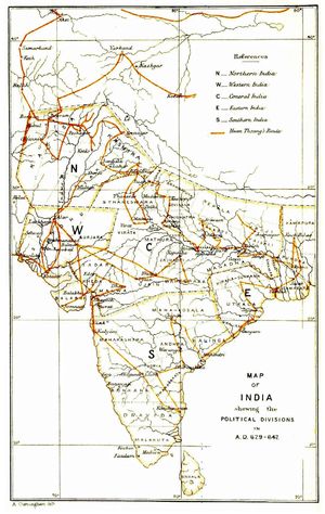인도 아대륙 전역에 걸친 현장의 여행 경로 지도