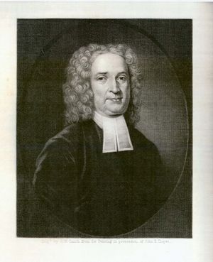 식민지 시대 목사의 턱받이를 착용하고 약간 미소를 짓는 긴 곱슬머리의 남성 그림.