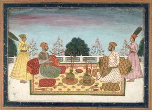 파탁 찬드가 약 1770년에 그린 바후 주 라자 아난드 데브와 잠무 주 라자 드루브 데브가 함께 앉아 있는 그림