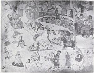 'A battle scene' (second), from a painted scroll documenting the invasions of Ladakh, Baltistan, and Western Tibet, ca.1840's