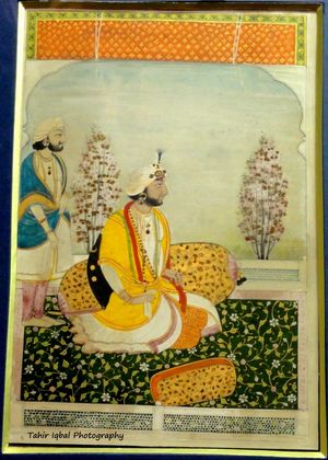 굴랍 싱의 아들 우담 싱(Udham Singh)의 미니어처 그림, 베개에 기대고 시종이 서 있다