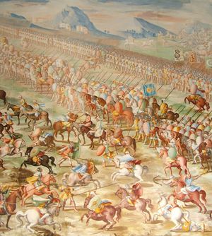 한 줄로 나란히 서 있는 기병대의 그림으로 그 앞에는 행군하는 병사들이 있습니다. 기병대 앞에는 여러 명의 기병이 싸우고 있습니다.