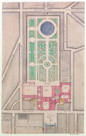 1674년경 앙드레 르 노트르가 재설계한 정원을 보여주는 프랑수아 도르베이(François d'Orbay)의 일반적인 부지 계획(1692년)