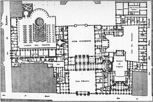 1829년 퐁텐, 1936년 에스페젤이 재구성한 1780년 팔레 루아얄 평면도. 모로의 오페라 극장(1770-1781)이 표시되어 있다.