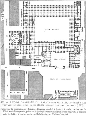 1790년경 팔레 루아얄. 왼쪽에 빅토르 루이의 두 번째 극장, 오른쪽에 모로의 오페라를 대체한 루 드 발루아 거리가 표시되어 있다.