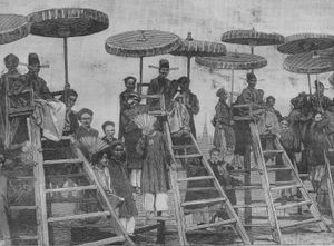 1888년 베트남 북부의 지방 시험에서 높은 의자에 앉은 감독관들