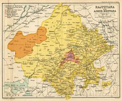 1909년 라자푸타나(노란색) 내 자이살메르 주(주황색)