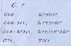 마리온 J. 셸턴(Marion Shelton)의 호피어 사전 조각. 그의 필적을 보여주는 자료이다. 이 부분은 영어 음소 /oʊ/ 발음으로 시작하는 단어에 대한 호피어 (오레이비 방언) 번역을 보여준다.