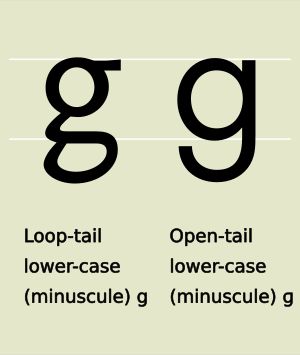 소문자 g의 서체 변형에는 이층 g와 일층 g가 있다.